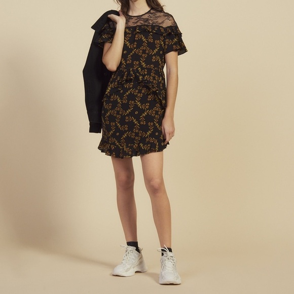 NWOT Sandro | Alderic Black Lace Butterfly Print Ruffle Mini Dress, EU 36/US S - Picture 1 of 10